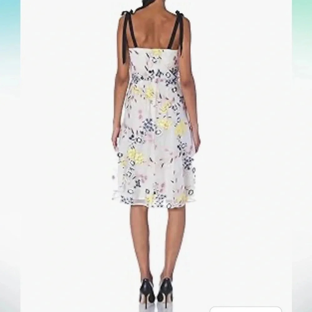 Donna Morgan | Blouson Yellow Floral Embroidered Midi Dress Shoulder Tie | sz 0 - Picture 3 of 13